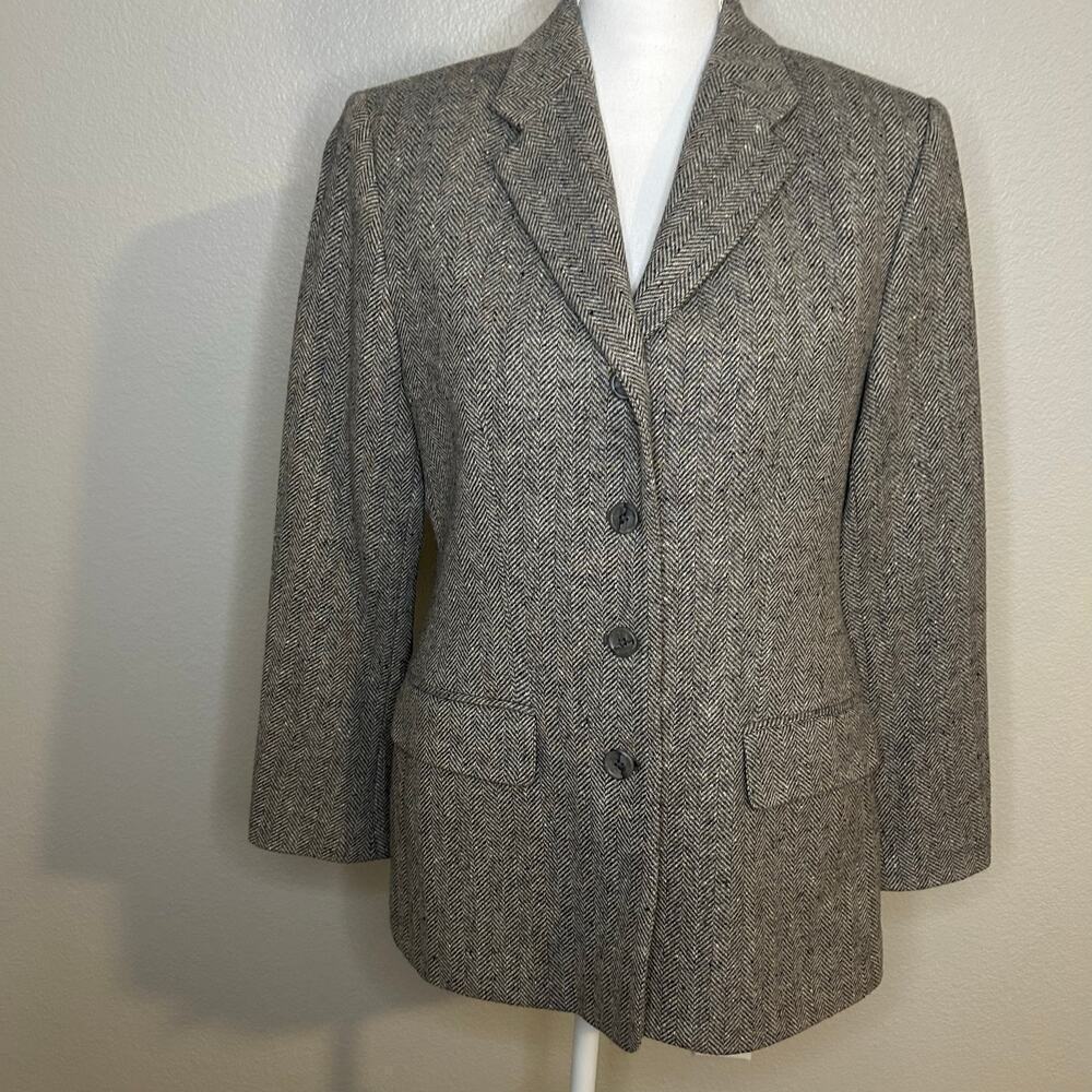 Lands End women's 100% lambswool gray herringbone 4 button lined blazer 10P